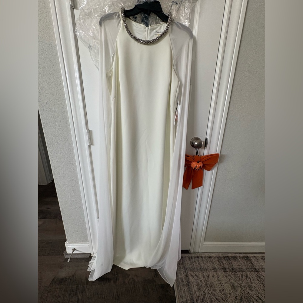 Calvin Klein White Maxi Dress with Silver Accents